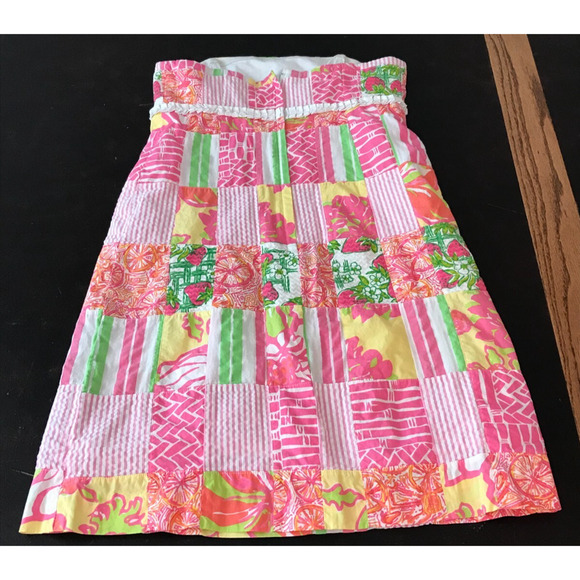 Lilly Pulitzer Bowen Buy Local Sewn Patch Patchwork Strapless Dress - Size 4 - Picture 3 of 9